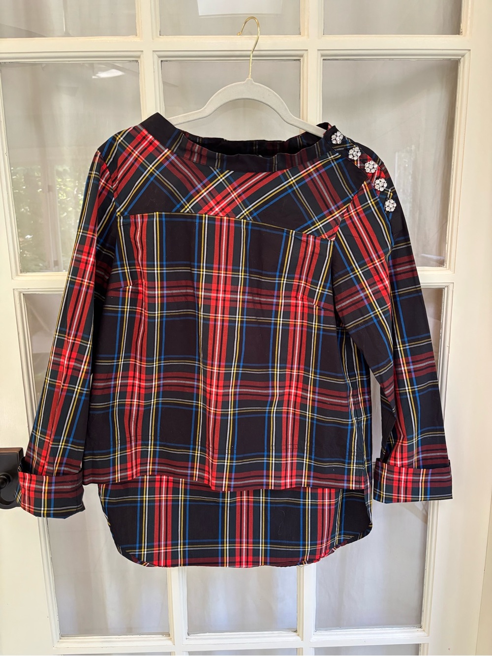 J. Crew Women’s Plaid Holiday top, Jeweled Button-Shoulder, in Red and Navy